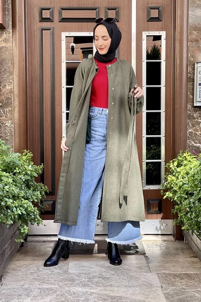Düğmeli Kaşe Kap Haki - Resim 5