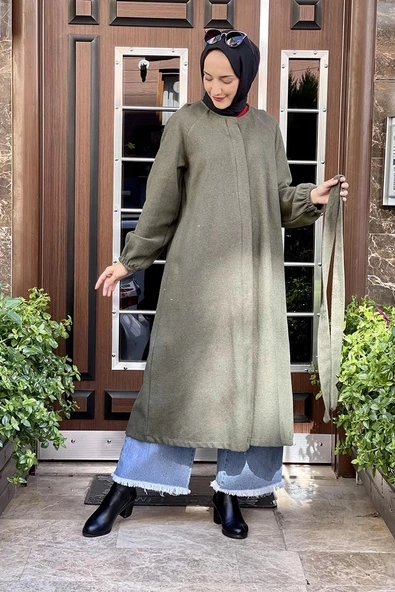 Düğmeli Kaşe Kap Haki - Resim 4