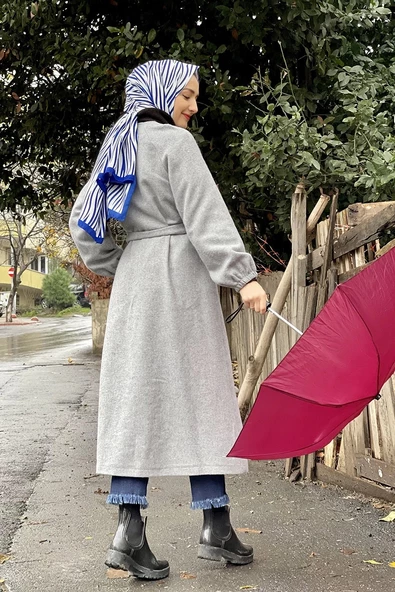 Düğmeli Kaşe Kap Gri - Resim 5