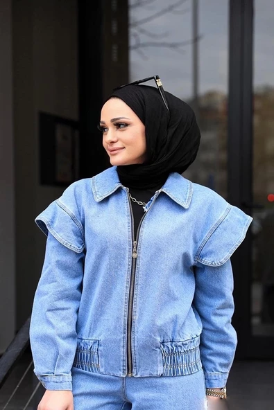 Omuz Detaylı  Kot Ceket Açık Mavi - Resim 4