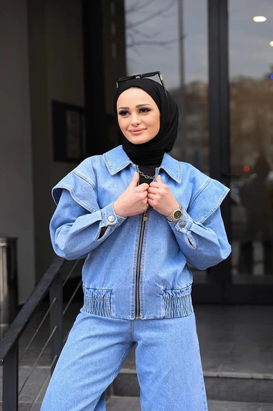 Omuz Detaylı  Kot Ceket Açık Mavi - Resim 2