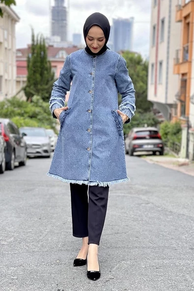 Püsküllü Kot Ceket Açık Mavi - Resim 5