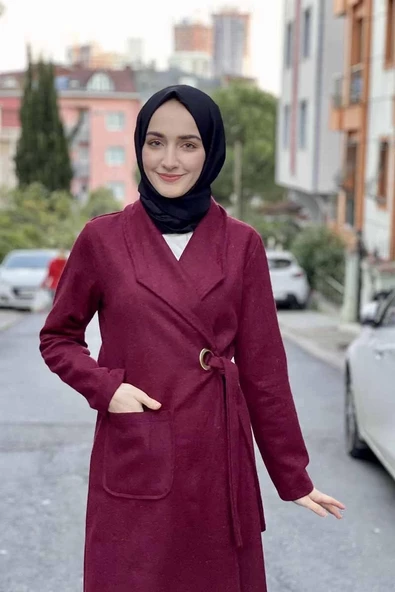 Kaşe Kaban Bordo - Resim 2