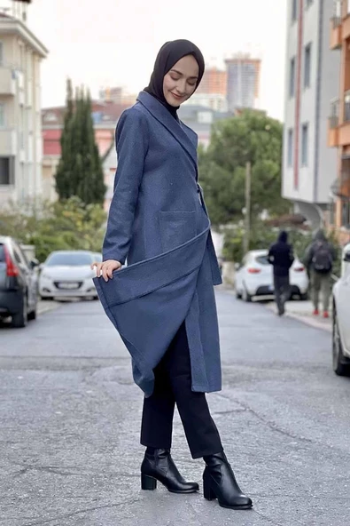 Kaşe Kaban İndigo - Resim 4