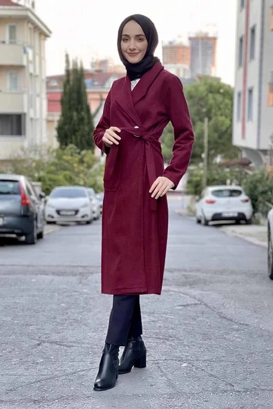 Kaşe Kaban Bordo - Resim 3