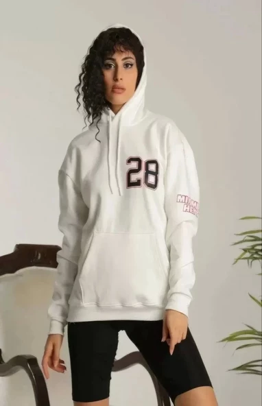 Unisex Kapşonlu Baskılı Sweetshirt - Beyaz - Resim 2
