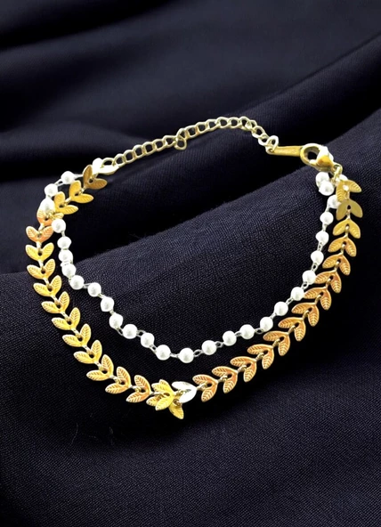 2'li Yaprak Ve Inci Gold Renk Çelik Bileklik, Kararmaz Çelik Takı, Sevgiliye Gold Bileklik Hediye ürün görseli 1