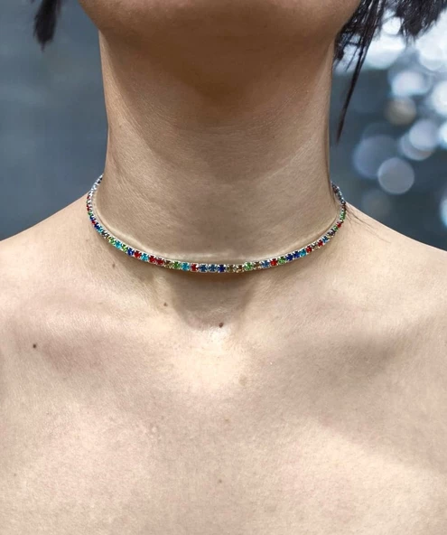 Su Yolu Çok Renkli Çelik Tasma Choker, Kararmaz Çelik Takı, Kadın Sevgiliye Renkli Gerdanlık Hediye ürün görseli 1