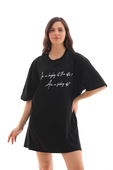 Unisex Bisiklet Yaka Baskılı Oversize T-Shirt - Siyah ürün görseli 1