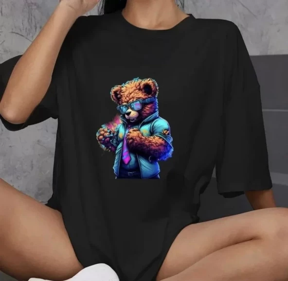 Unisex Bisiklet Yaka Baskılı Oversize T-Shirt - Siyah ürün görseli 1
