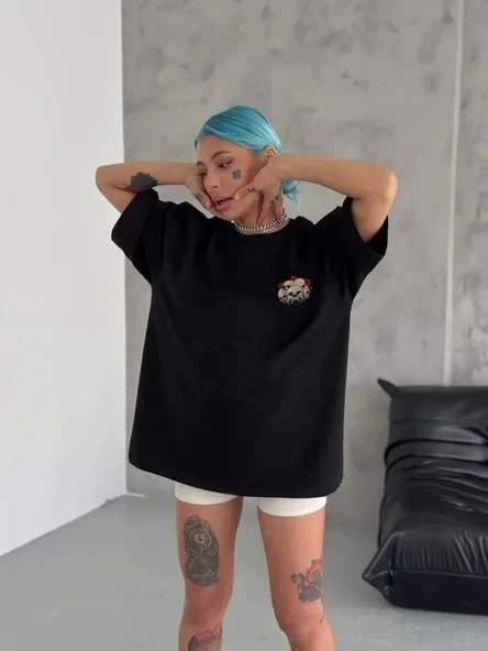 Unisex Bisiklet Yaka Baskılı Oversize T-Shirt - Siyah ürün görseli 1