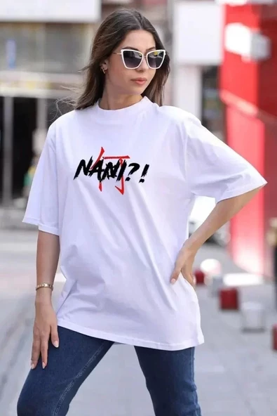 Unisex Bisiklet Yaka Baskılı Oversize T-Shirt - Beyaz ürün görseli 1