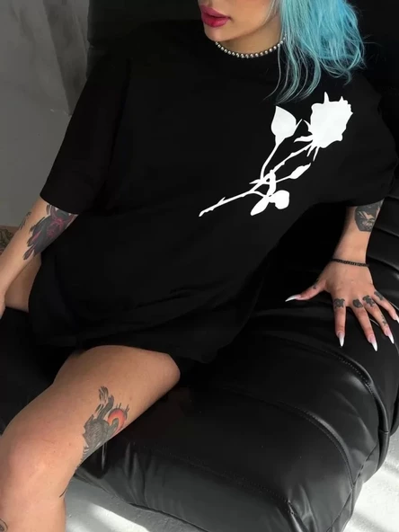 Unisex Bisiklet Yaka Baskılı Oversize T-Shirt - Siyah ürün görseli 1