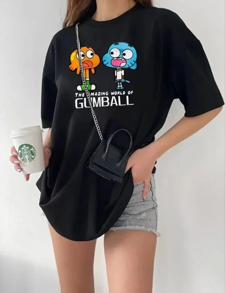 Bisiklet Yaka Baskılı Oversize T-Shirt - Siyah ürün görseli 1