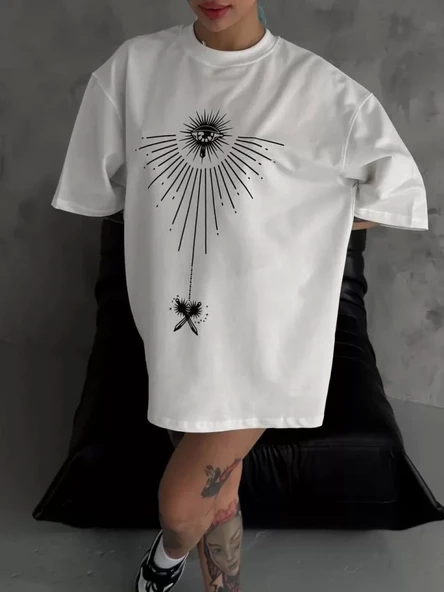 Unisex Bisiklet Yaka Baskılı Oversize T-Shirt - Beyaz ürün görseli 1