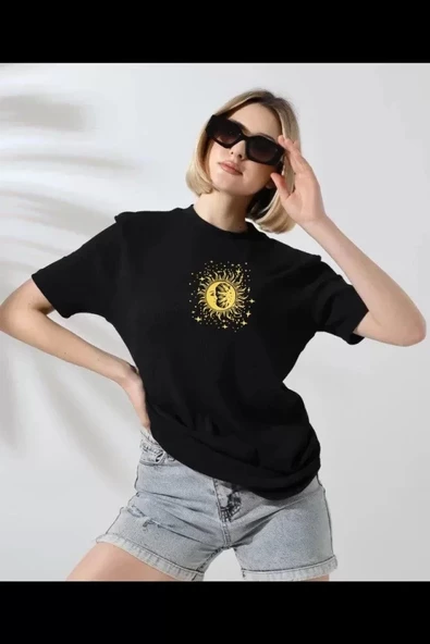 Unisex Bisiklet Yaka Baskılı T-Shirt - Siyah ürün görseli 1