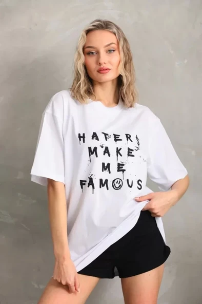Unisex Baskılı Oversize T-Shirt - Beyaz ürün görseli 1