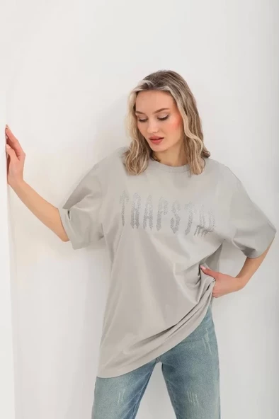 Unisex Taş Desenli Oversize T-Shirt - Gri ürün görseli 1
