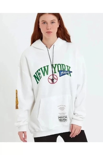 Baskılı Kapüşonlu Sweatshirt - Beyaz ürün görseli 1