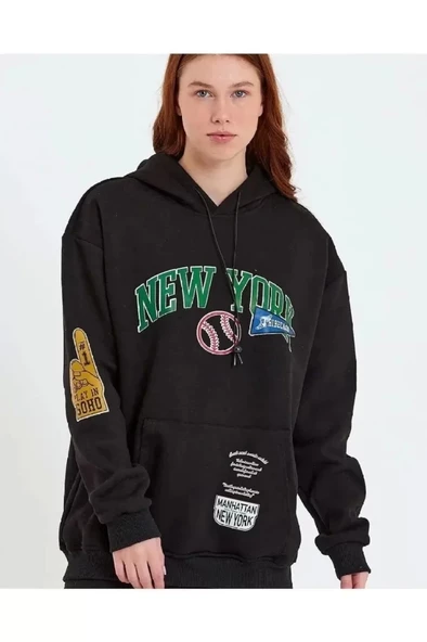 Baskılı Kapüşonlu Sweatshirt - Siyah ürün görseli 1