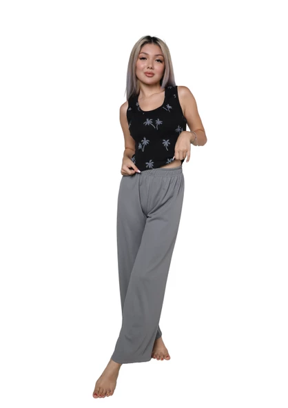 Moda Çizgi Kadın Kalın Askılı Body Bol Paça Pantolon 2`li Takım Siyah 4217 ürün görseli 1