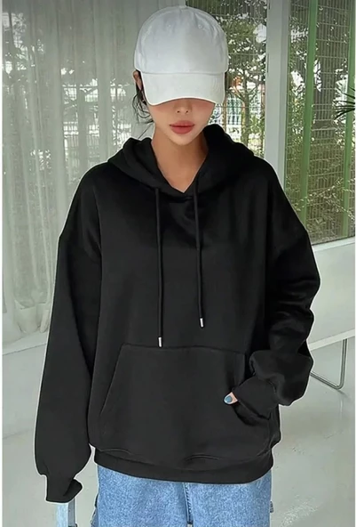 Erkek Uzun Kol Kapşonlu Basic Sweatshirt Hoodie - Siyah ürün görseli 1