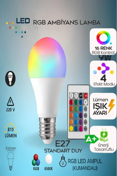 Kumandalı LED Ampul – 9W Beyaz Işık, Çok Renkli, 4 Modlu %90 Enerji Tasarruflu Akıllı Ampul ürün görseli 1