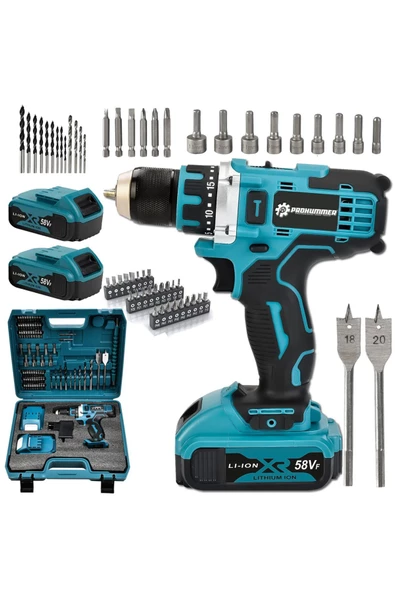 prohummer PH229 Yeni Seri 58vf Şarjlı Matkap Mavi Çift Akülü Darbesiz 84 Parça Set Hediyeli ürün görseli 1