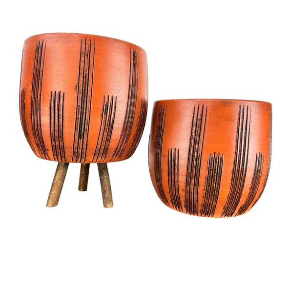 Bitki Tasarımı  Siyah Çizgi Desenli Toprak Saksı Saksılık Salon Çiçeklik İkili Set Ayaksız - 3 Ayaklı- 19 CM ürün görseli 1