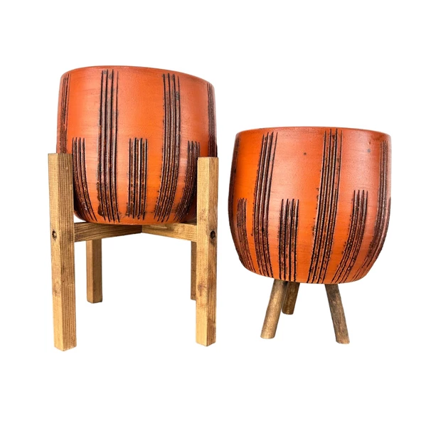Bitki Tasarımı  Siyah Çizgi Desenli Toprak Saksı Saksılık Salon Çiçeklik İkili Set 3 Ayaklı- 4 Ayaklı- 19 CM ürün görseli 1