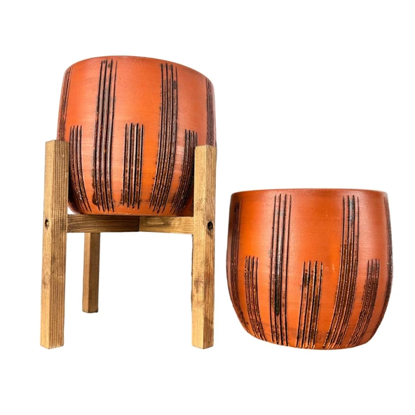 Bitki Tasarımı  Siyah Çizgi Desenli Toprak Saksı Saksılık Salon Çiçeklik İkili Set Ayaksız - 4 Ayaklı- 19 CM ürün görseli 1