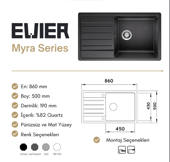 Granit Eviye Myra Series Black - Siyah (86x50) - Resim 3