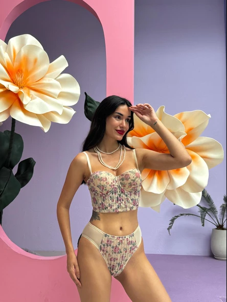 Çiçek Desenli Nude - Ten Rengi Simli Büstiyer Takım ürün görseli 1