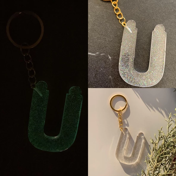 Ü Harfi Fosforlu Neon Yeşil Renk Parlak Simli Gold Aksesuarlı Anahtarlık El Yapımı Epoksi Hediyelik ürün görseli 1