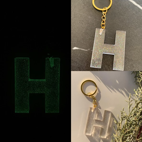 H Harfi Fosforlu Neon Yeşil Renk Parlak Simli Gold Aksesuarlı Anahtarlık El Yapımı Epoksi Hediyelik ürün görseli 1