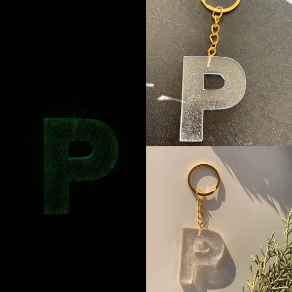 P Harfi Fosforlu Neon Yeşil Renk Parlak Simli Gold Aksesuarlı Anahtarlık El Yapımı Epoksi Hediyelik ürün görseli 1