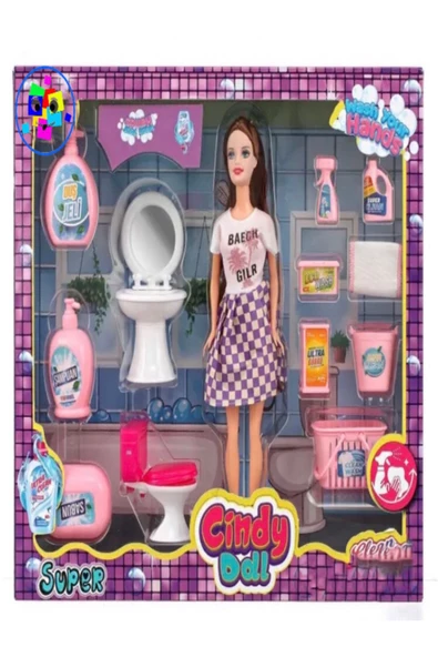 Eğitici Bebek ve Çocuk Cindy Doll Bebekli Lavabo ve Temizlik Seti ürün görseli 1