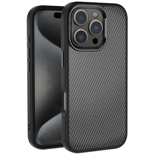 iPhone 16 Pro Max Kılıf Karbon Fiber Görünümlü Parlak Kamera Çerçeveli Venus Kapak ürün görseli 1
