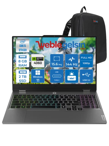 Lenovo loq 15IAX9 Intel I5 12450HX 8gb Ddr5 2tb SSD RTX4060 8gb (105W) 15.6″ Fhd Windows 11 Home 15.6" IPS Fhd 144HZ Taşınabilir Bilgisayar 883GS007XTRWH02 + Zettaçanta ürün görseli 1