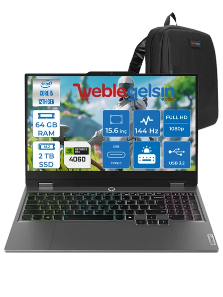 Lenovo loq 15IAX9 Intel I5 12450HX 64GB Ddr5 2tb SSD RTX4060 8gb (105W) 15.6″ Fhd Freedos 15.6" IPS Fhd 144HZ Taşınabilir Bilgisayar 883GS007XTRF13 + Zettaçanta ürün görseli 1