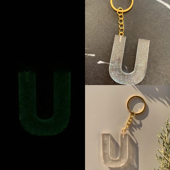 U Harfi Fosforlu Neon Yeşil Renk Parlak Simli Gold Aksesuarlı Anahtarlık El Yapımı Epoksi Hediyelik ürün görseli 1