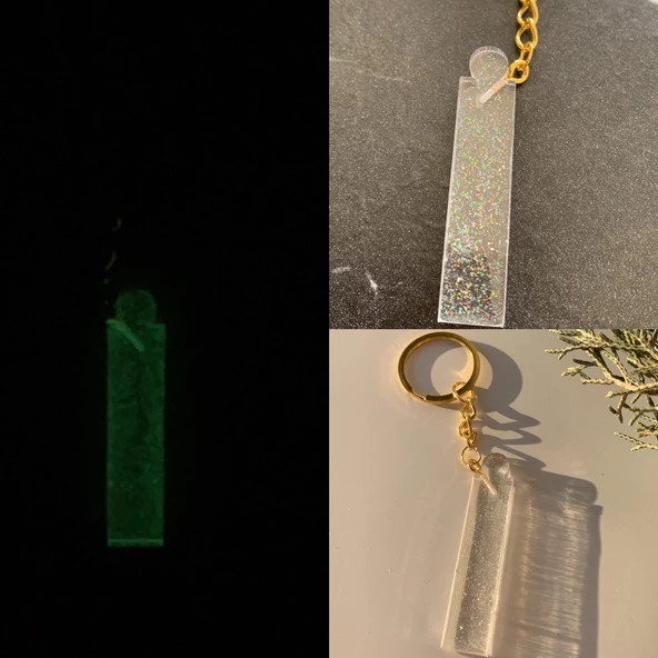 İ Harfi Fosforlu Neon Yeşil Renk Parlak Simli Gold Aksesuarlı Anahtarlık El Yapımı Epoksi Hediyelik ürün görseli 1