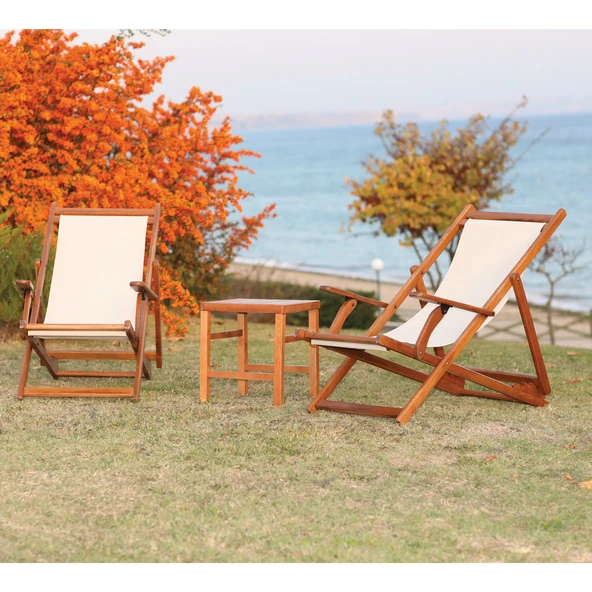 Belek Kademeli Ahşap Şezlong - Terleme Yapmayan Delikli PVC Kumaş ürün görseli 1