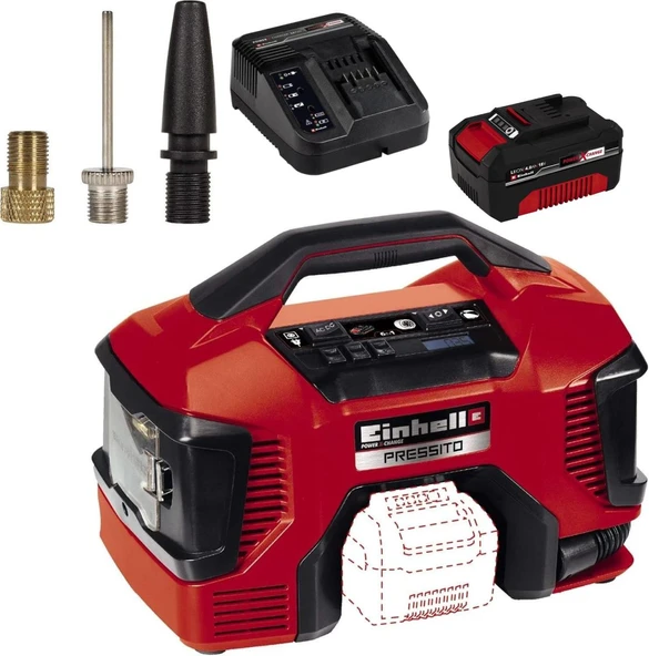 Einhell PRESSITO Hibrit Çok Fonksiyonlu Kompresör 18V 4AH + 220V Elektrik ürün görseli 1