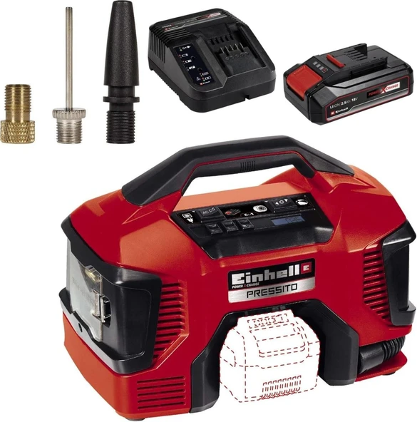 Einhell PRESSITO Hibrit Çok Fonksiyonlu Kompresör 18V 2.5AH + 220V Elektrikli, ürün görseli 1
