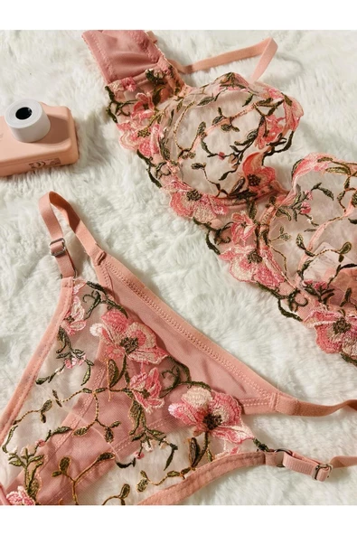 Çiçek Nakışlı Balenli Sütyen Takım - Pembe ürün görseli 1
