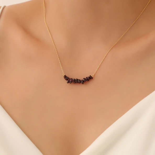 14 Ayar Altın Mikron Kaplama Doğal Garnet (Granat) Taşlı Bar Kolye - Minimal Doğal Taş Kolye ürün görseli 1