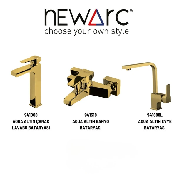 Newarc Aqua Altın Çanak Lavabo-Banyo-Eviye Bataryası 3'lü Set 941008-941518-941881L ürün görseli 1