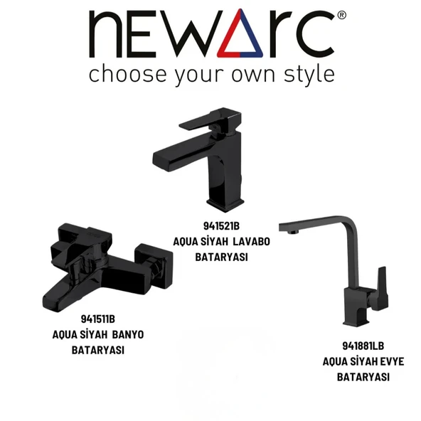 Newarc Aqua Siyah Banyo-Lavabo-Eviye Bataryası 3'lü Set 941521B-941511B-941881LB ürün görseli 1