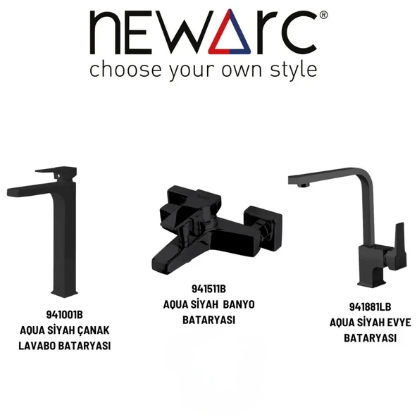 Newarc Aqua Siyah Çanak Lavabo-Banyo-Eviye Bataryası 3'lü Set 941001B-941511B-941881LB ürün görseli 1